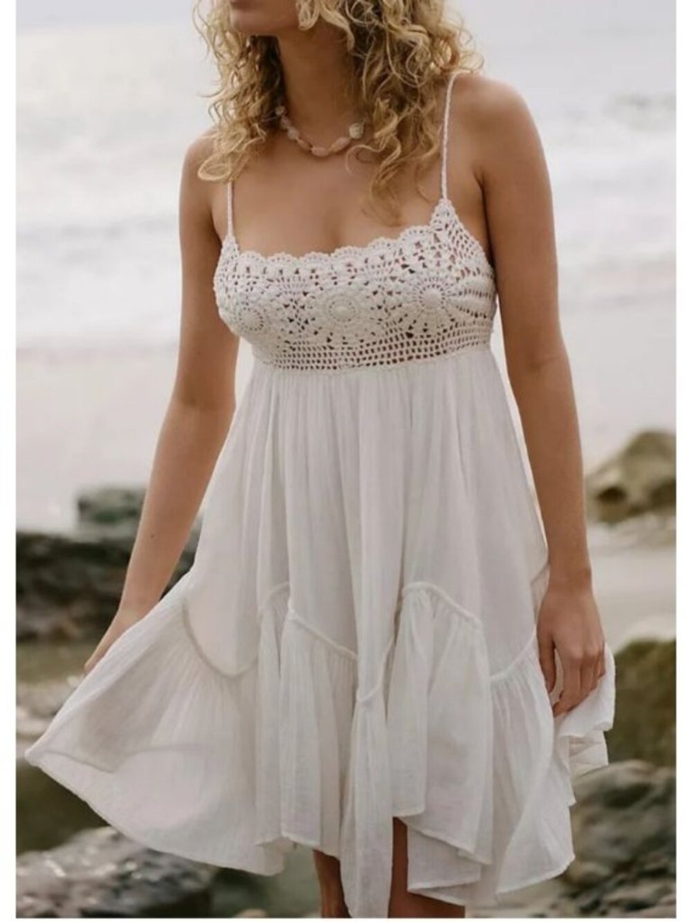 Free People Free-Est Sandoll Crochet Cotton Mini Flowy Dress - Medium - White